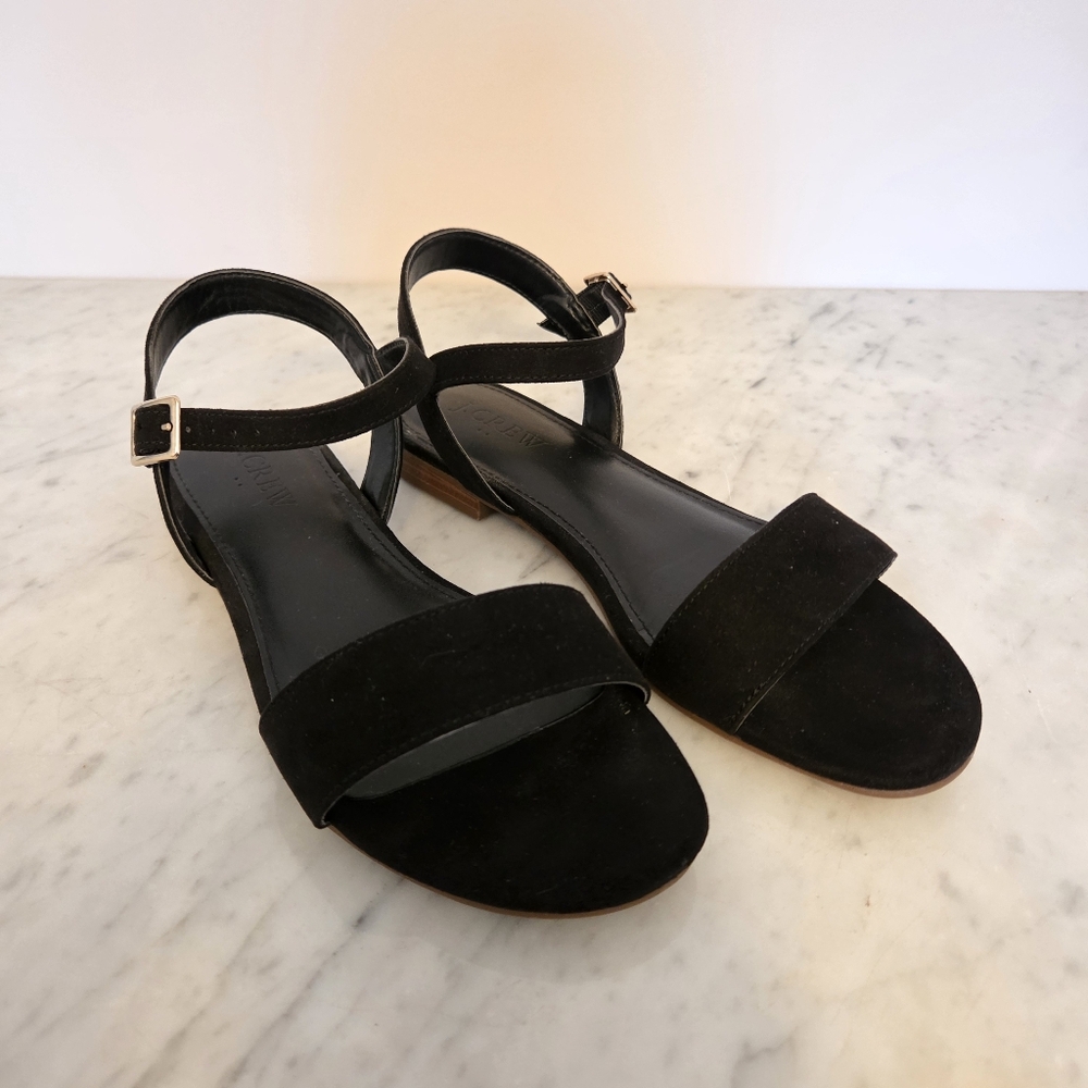 J. Crew Ankle Strap Flat Black Faux Suede Strappy Sandals